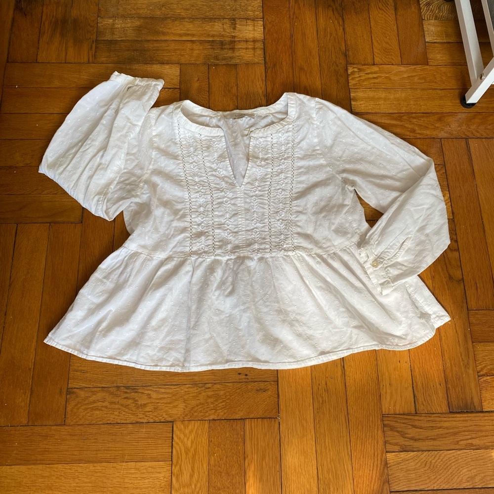LOFT White Eyelet Peplum Blouse Size S Boho Embroidered Long Sleeve - Picture 3 of 10